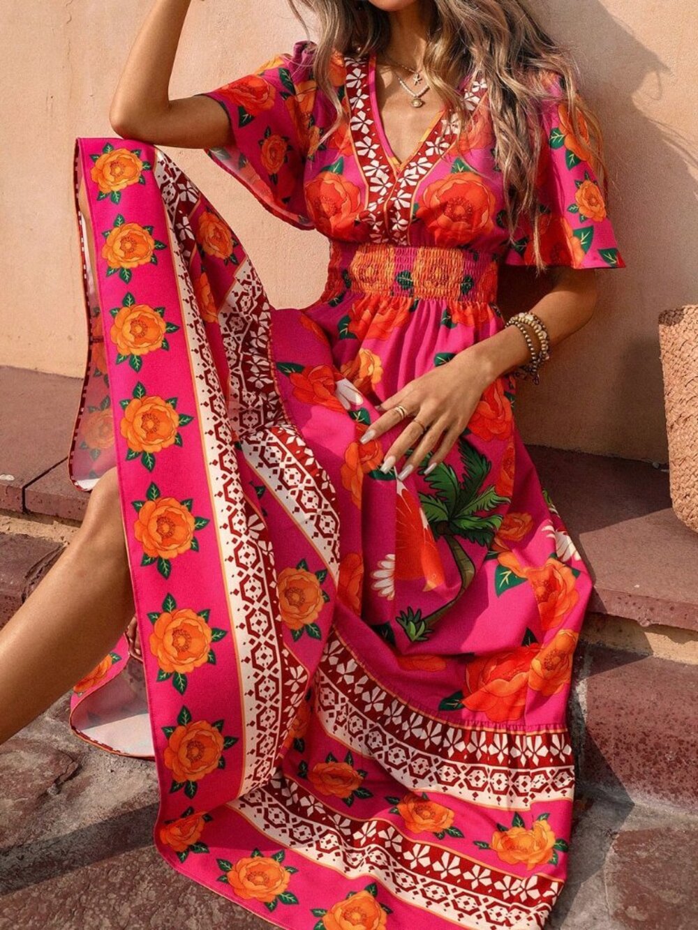 Hot Pink Boho Women's Romantic Luxury Maxi Dress - Picture 6 of 7